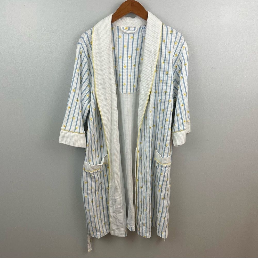 Erika Taylor Intimates Flower & Stripe Robe Size Large Blue White Yellow Comfy